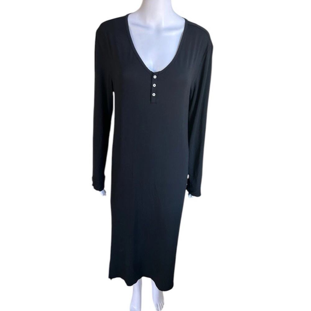 Recliner Modal Nightgown Womens L Black Long Sleeve Henley Sleep Lounge Dress